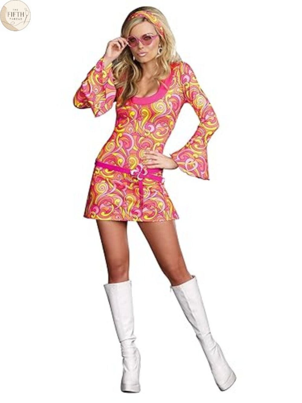 Retro 60s Go Go Costume Dress with Glasses, Earrings, Headband, Daisy Belt